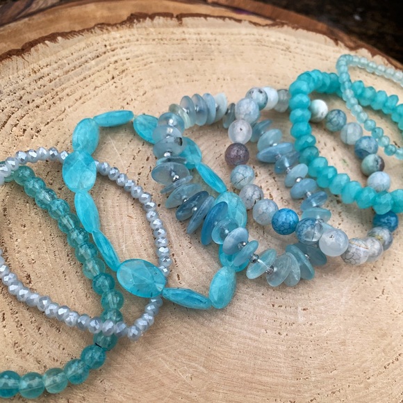 Natural Blue Aquamarine, Azure Amazonite & Agate Gemstone Beads Bracelet Stack - Picture 11 of 12